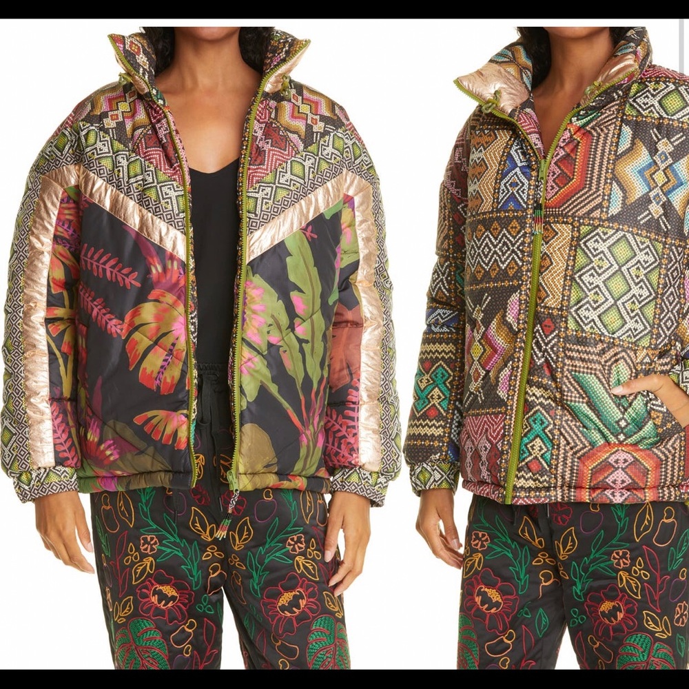 Farm Rio Tropical Rauti Metallic Revers Puffer Jacket